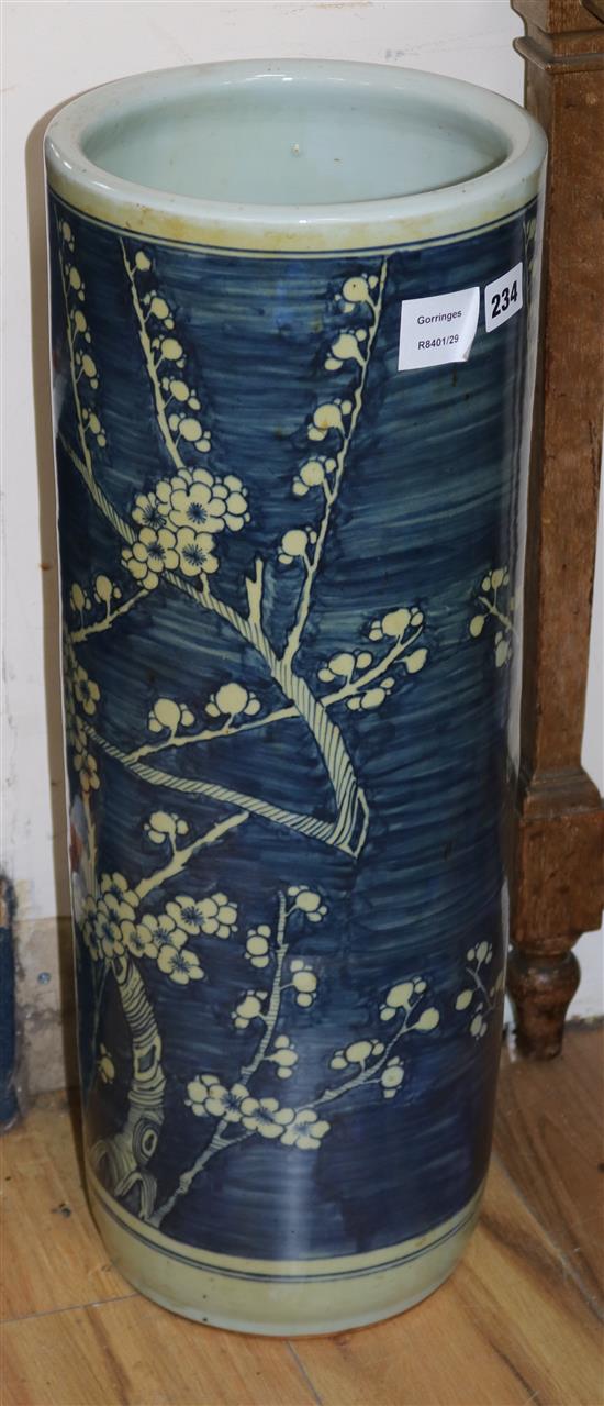 A Chinese blue and white cylindrical stick or umbrella stand height 60cm